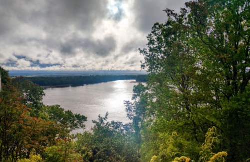 A serene river view surrounded by lush greenery under a cloudy sky.