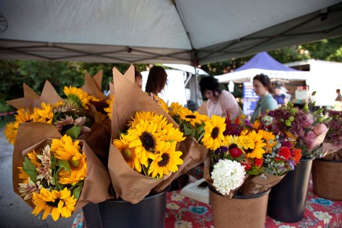 A market stall displays vibrant bouquets of sunflowers and other flowers, with customers browsing in the background.