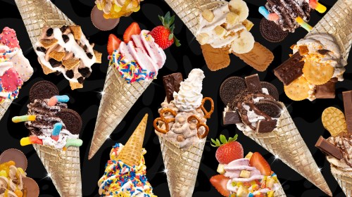 A colorful assortment of ice cream cones topped with various candies, fruits, and sauces against a black background.