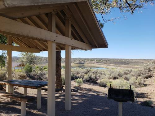 A shaded picnic area with a grill overlooks a serene landscape and a body of water in the distance.