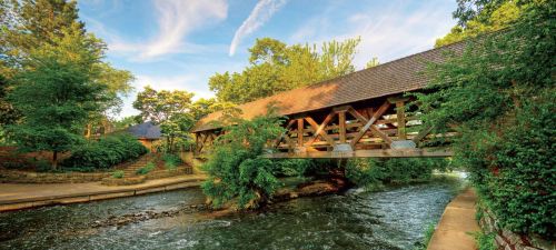 A scenic view of a wooden covered bridge over a flowing stream, surrounded by lush greenery and blue skies.