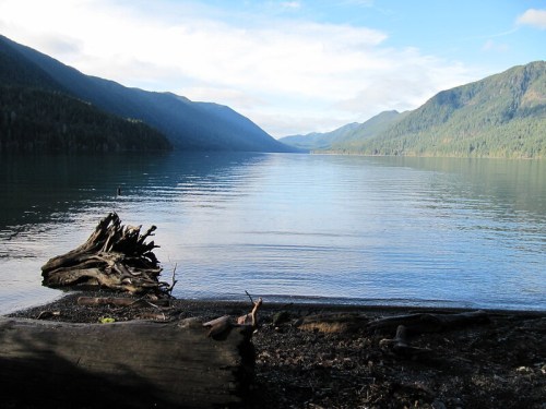 A serene lake surrounded by mountains, with calm water reflecting the sky and a log on the shore.
