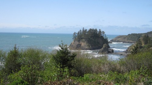 Coastal view featuring rocky cliffs, lush greenery, and waves crashing against the shore under a clear blue sky.