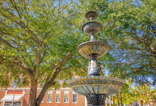 A decorative fountain surrounded by lush green trees in a sunny outdoor setting.