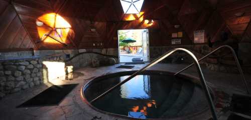 Interior of a geodesic dome hot tub area with wooden walls, a circular pool, and an open door leading outside.