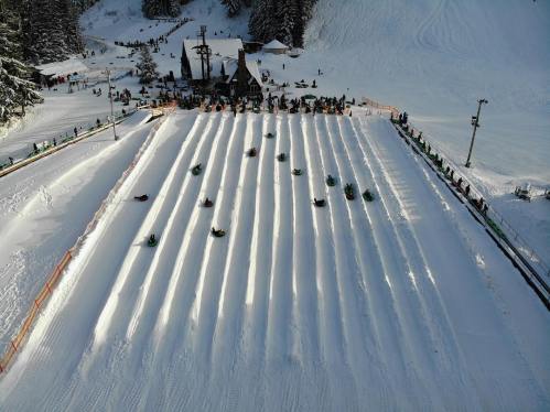 A snowy hill with multiple sledding lanes, people enjoying winter activities, and a lodge in the background.