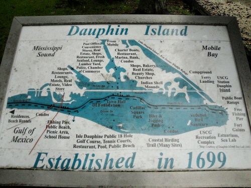 Map of Dauphin Island, showing locations of attractions, beaches, and waterways, established in 1699.