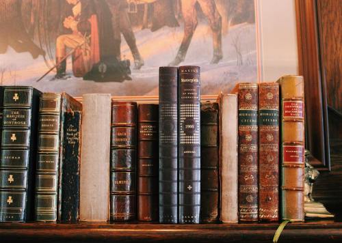 A collection of vintage books on a wooden shelf, with a painting of a man and horse in the background.