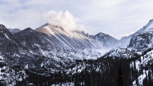Snow-covered mountains under a cloudy sky, with a valley and trees in the foreground.