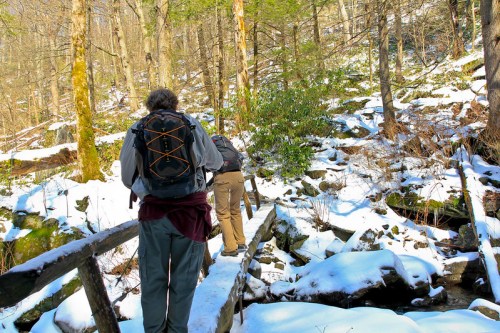Two hikers navigate a snowy trail in a forest, crossing a small wooden bridge surrounded by trees.