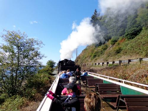 A steam train travels along a scenic route, with passengers enjoying the view from an open-air car.