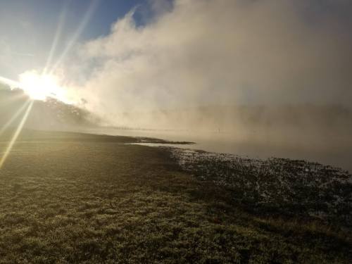 A serene landscape with mist rising over a calm body of water, illuminated by the sun in the background.