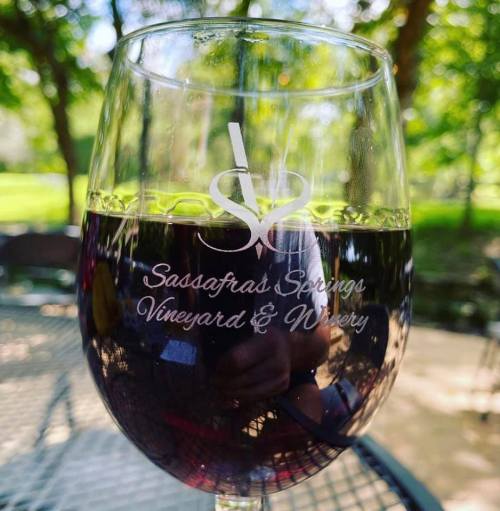 A close-up of a wine glass with red wine, featuring the logo of Sassafras Springs Vineyard & Winery.