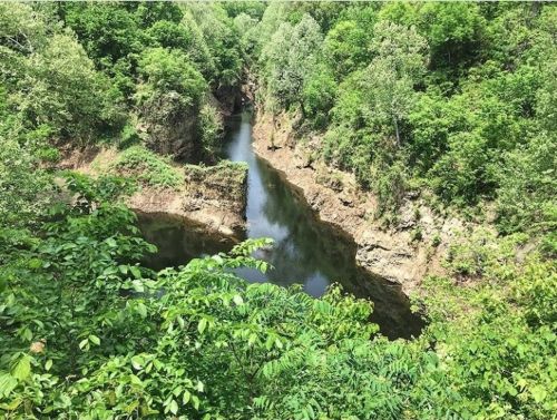 A serene river winding through lush green trees and rocky cliffs in a natural landscape.