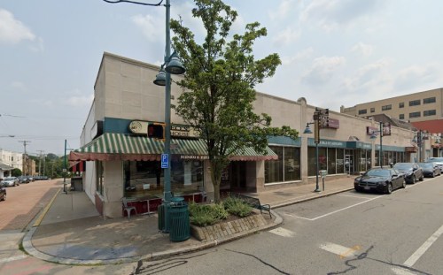 A street view of a small commercial area featuring shops, a tree, and parked cars under a clear sky.