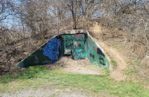 A concrete structure covered in graffiti, set against a grassy hill with bare trees in the background.