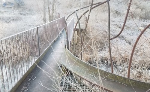 A curved metal walkway surrounded by frost-covered vegetation and bare trees.