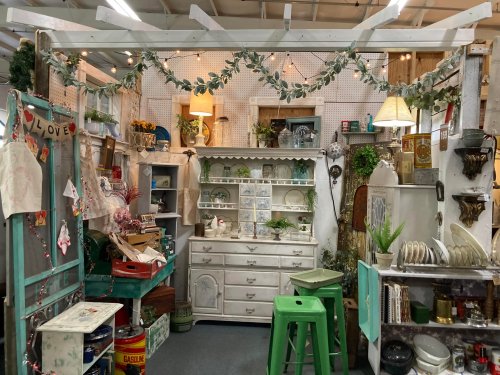 A cozy vintage shop display featuring shelves of decor, plants, and furniture, with warm lighting and charming details.