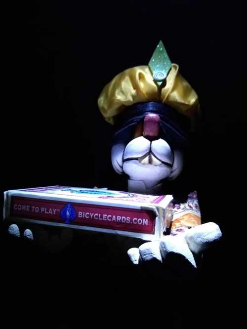 A puppet rabbit wearing a yellow hat holds a box of playing cards in a dark setting.