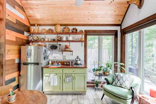 Cozy kitchen with wooden walls, green cabinets, stainless steel appliances, and a sunny seating area with plants.