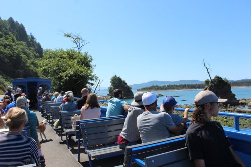 Passengers on a boat enjoy a scenic view of the coastline and greenery on a sunny day.