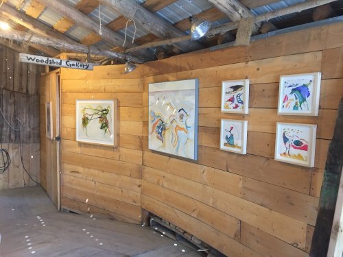 Interior of a wooden gallery featuring colorful framed artworks on a rustic wall, labeled "Woodshed Gallery."