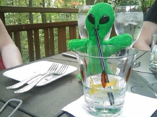 A green alien plush toy sits at a table with a glass of water and a slice of lemon, surrounded by nature.