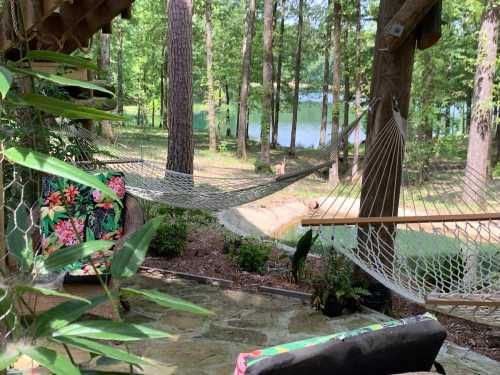 A serene outdoor scene featuring two hammocks between trees, overlooking a calm lake surrounded by greenery.