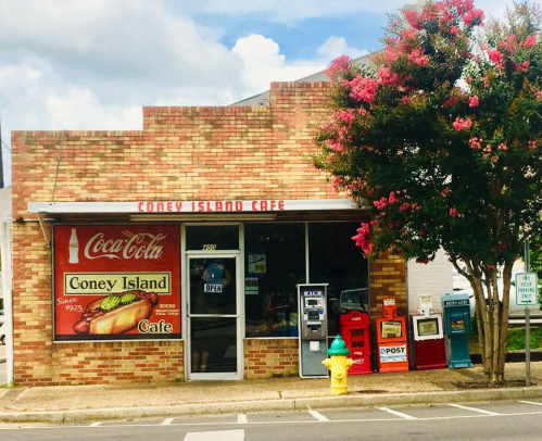 A brick building with a sign reading "Coney Island Cafe," featuring a Coca-Cola logo and surrounded by flowering trees.