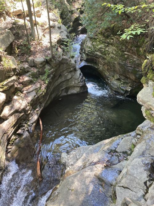 A serene rocky gorge with flowing water and lush greenery, creating a peaceful natural scene.