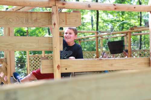 A young boy smiles while playing on a wooden structure in a sunny outdoor playground surrounded by trees.