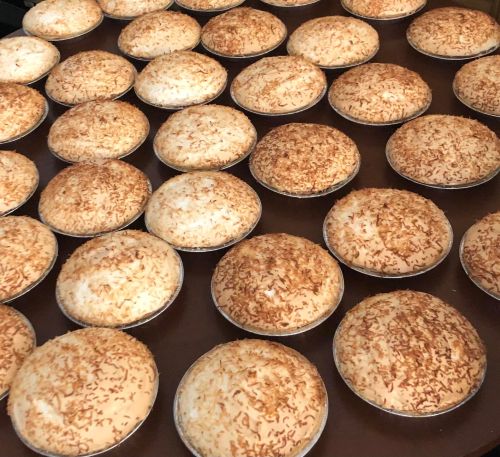 A large tray filled with numerous coconut cream pies, each topped with toasted coconut flakes.