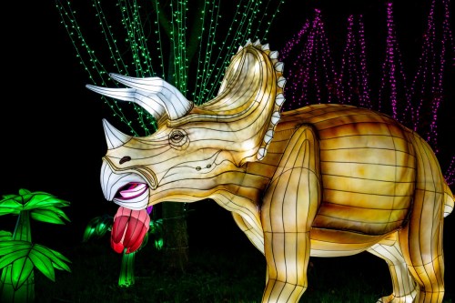 A colorful illuminated triceratops sculpture surrounded by vibrant lights and greenery at night.