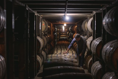 A person inspects wooden barrels in a dimly lit storage cellar filled with rows of barrels.