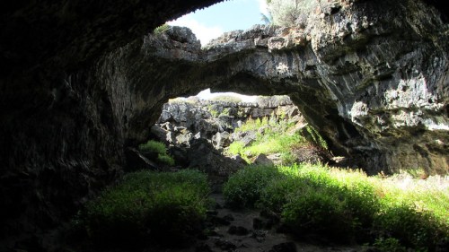 A rocky cave with two large arches, surrounded by green vegetation and bright blue sky peeking through.