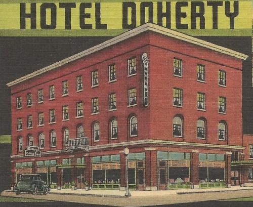 Illustration of Hotel Doherty, a red brick building with large windows, featuring a vintage car parked outside.