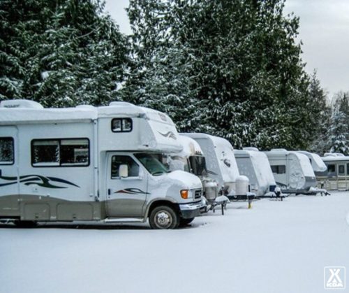 A row of RVs and trailers parked in a snowy landscape, surrounded by tall evergreen trees.