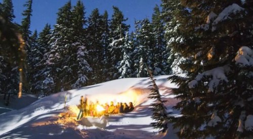 A group of people gathered around a warm fire in a snowy forest at night, surrounded by tall trees.