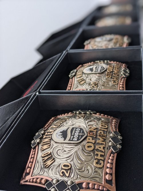 A close-up of several ornate championship belt buckles displayed in a black box.