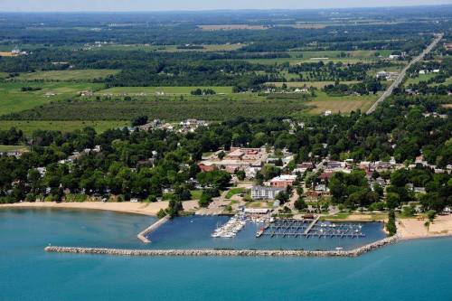 Aerial view of a coastal town with a marina, green fields, and a clear blue sky.