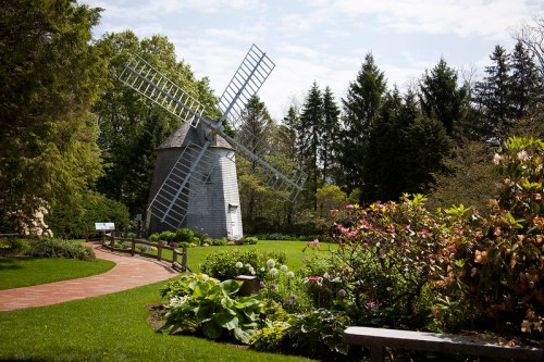 A scenic garden featuring a windmill, lush greenery, and colorful flowers under a clear blue sky.