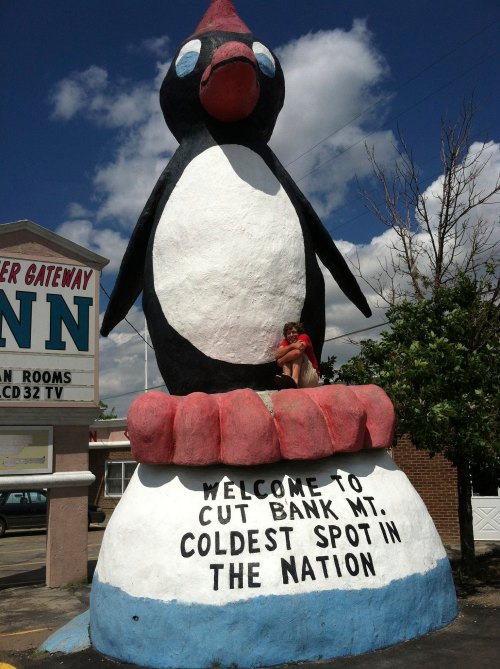 A large penguin statue with a person sitting on it, labeled "Welcome to Cut Bank MT, Coldest Spot in the Nation."