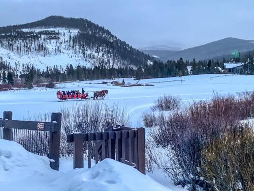 A horse-drawn sleigh carries passengers across a snowy landscape with mountains in the background.