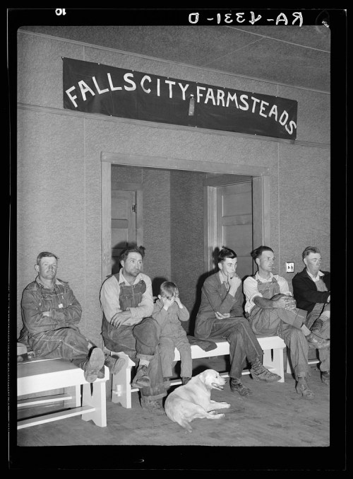 A group of men in overalls sitting on benches under a "Fallscity Farmsteads" banner, with a dog lying on the floor.