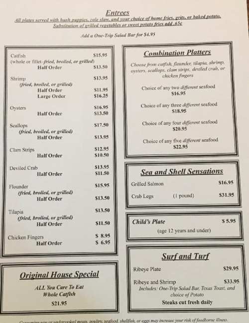 Menu featuring seafood entrees, combination platters, and house specials with prices listed for each item.