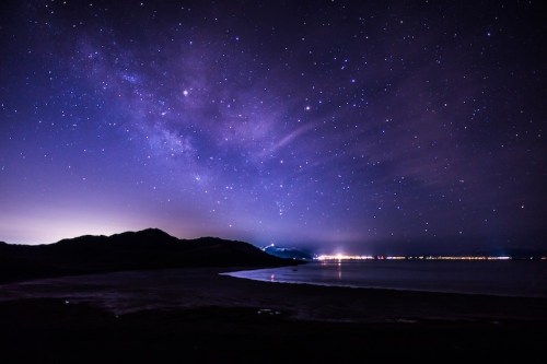 A starry night sky with a vibrant Milky Way over a dark landscape and distant city lights along the horizon.