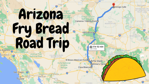 Map showing a road trip route in Arizona to various taco spots, with "Arizona Fry Bread Road Trip" text and a taco icon.