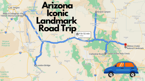 Map of an Arizona road trip featuring landmarks like the Grand Canyon and Meteor Crater, with a route highlighted.