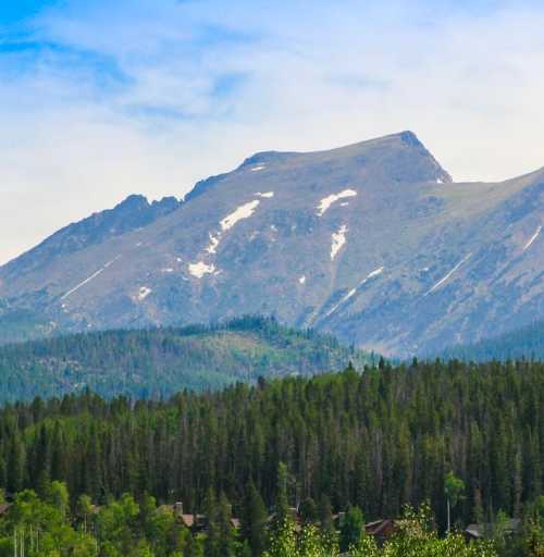 A scenic view of mountains with snow-capped peaks, surrounded by lush green forests under a clear blue sky.