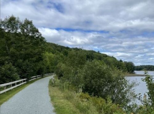 A scenic pathway alongside a river, bordered by lush greenery and trees under a partly cloudy sky.
